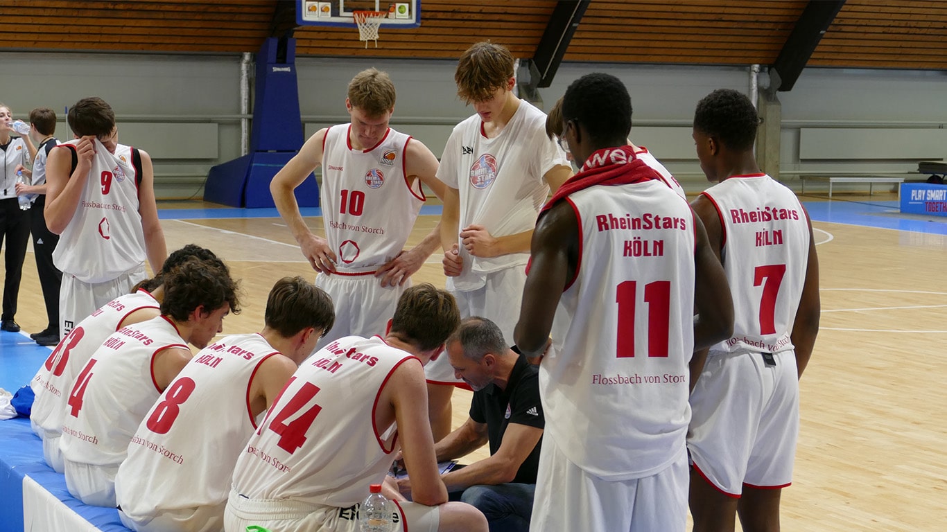 RheinStars Köln Basketballteam in Umkleidekabine bei Trainer-Ansprache.