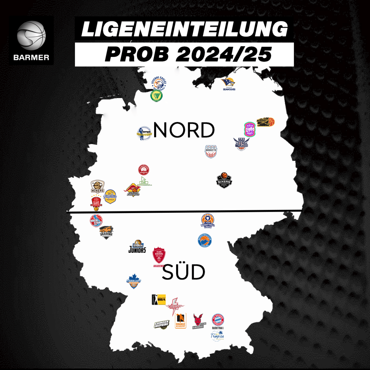 Deutschlandkarte mit Ligaeinteilung Probe 2024/25 der Barmer Basketball-Liga, Nord- und Süd-Region mit Teamlogos.