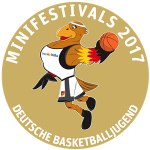 Rundes Logo "Minifestivals 2017" der RheinStars Köln mit springendem Basketballspieler.