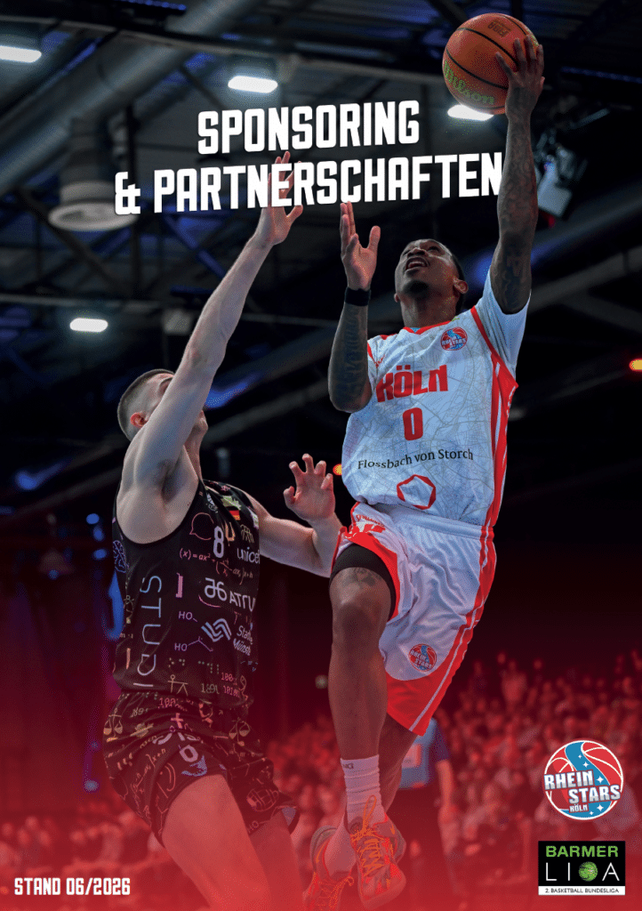 Basketballspieler der RheinStars Köln wirft Ball, Plakat für Sponsoring & Partnerschaften.