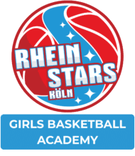 RheinStars Köln Girls Basketball Academy Logo mit rotem und blauem Design.