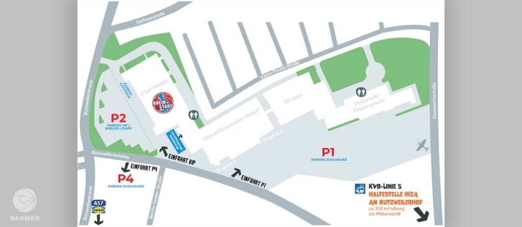 Parkplatzplan für RheinStars Köln mit Bereichen P1, P2, P4 und Bushaltestelle KYB-Linie 5.