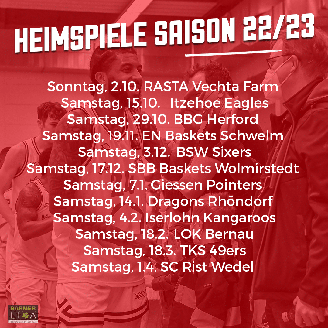 Heimspielplan der RheinStars Köln für Saison 2022/23 mit zwölf Gegnern von Oktober bis April.