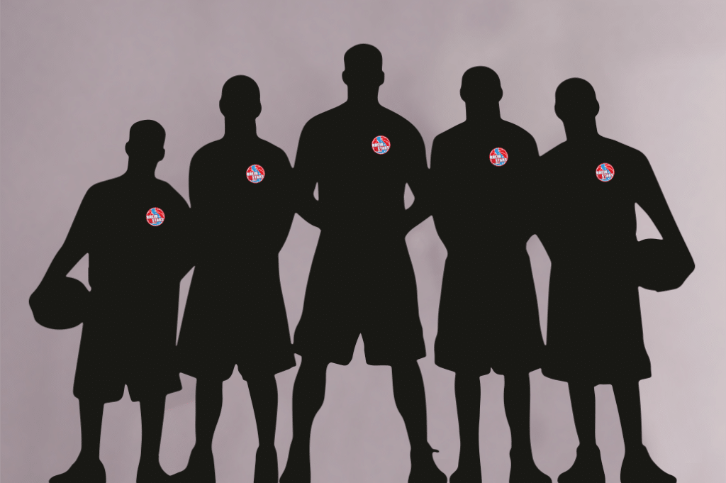 Fünf Silhouetten von Basketballspielern der RheinStars Köln mit Teamlogo auf der Brust.