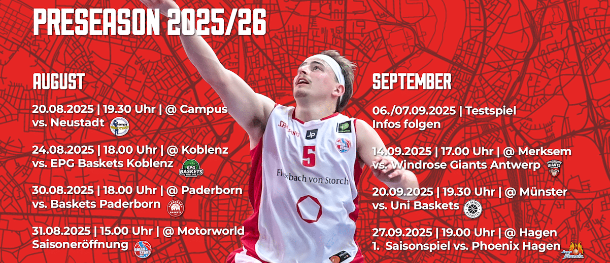 Preseason-Spielplan der RheinStars Köln für die Saison 2025/26 mit Terminen und Gegnern in August und September.